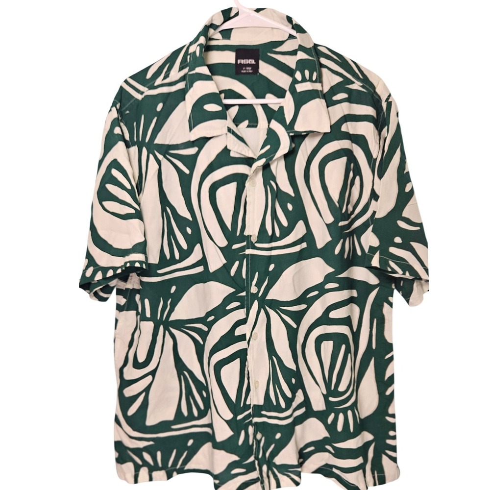 RSQ Mens XL Green Abstract Botanical Rayon Short Sleeve Button Down Shirt Summer
